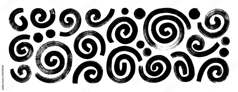 Poster various abstract geometric brush drawn bold spirals and swirls. handdrawn circular round forms. vect