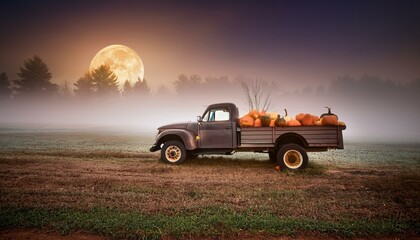 Fototapeta premium Halloween old truck with pumpkins in moon light in fog