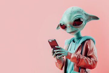Alien in stylish outfit texting on smartphone