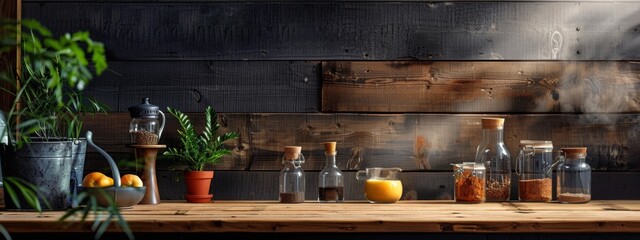 Rustic kitchen shelf with jars and plants on a wooden background