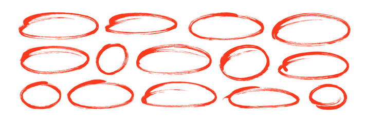 Hand drawn red ovals, circles and ellipses collection. Highlight oval frames, vector doodle ellipses.