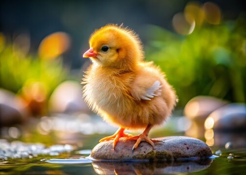 A photo image of a small, fluffy, and adorable Serama chick with vibrant orange-yellow feathers and a tiny head, perched on a rock near a small water droplet.