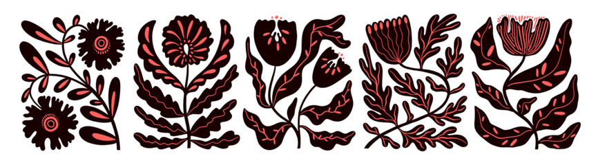 Vintage ornamental flowers in Matisse style. Botanical abstract modern shapes. Modern trendy decorative flowers with geometric silhouettes and elegant pattern decoration. Doodle style illustration.