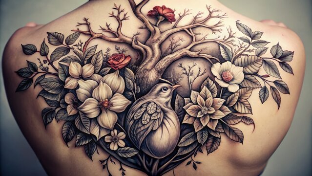 A realistic heart tattoo design features intricate line work, shading, and symbolic elements, such as vines, flowers, or birds, for a unique and meaningful body art piece.