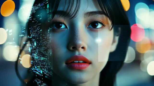 A young woman gazes thoughtfully into the urban nightscape while digital elements overlay her silhouette in a captivating display
