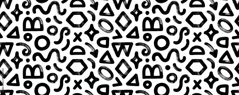 Poster Seamless pattern with abstract brutal geometric shapes and brush drawn basic figures.