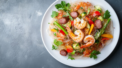 A top view of a white plate with spicy glass noodles salad, sausage, shrimp, and vegetables, showcasing homemade Thai street food.