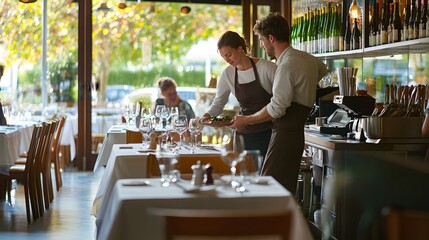 A waiter and waitress prepare a table for customers in a modern restaurant setting.