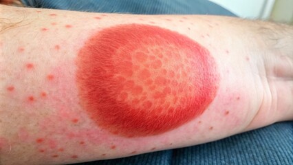 Fototapeta premium A photo image of a bright red circular rash with a central clearing, characteristic of erythema migrans, appearing on the arm of a patient.