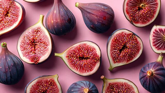 Fresh figs on pink background, vibrant mix. Healthy food and nutrition concept