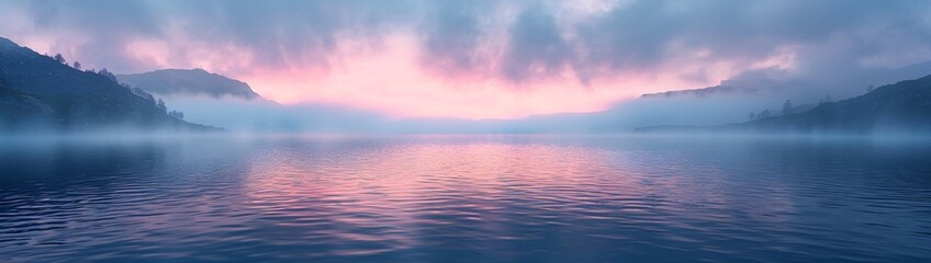A panoramic view of a mist-covered lake at dawn, with soft pink and purple hues in the sky, and distant mountains barely visible through the mist.