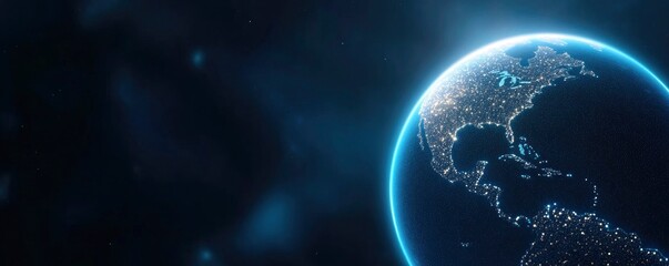 glowing blue planet texture with global data connection on dark background, digitalization network covering planet concept