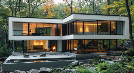 Modern white house surrounded by trees. Generative AI.