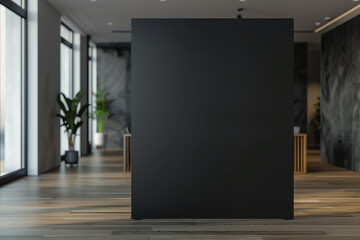 Blank black partition with place for advertising poster or logo in modern interior design spacious office hall with conference table, wooden floor and dark wall background Mock up


