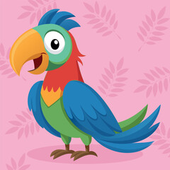 Cute parrot vector cartoon style. Parrot with bright colorful feathers. Exotic jungle blue, yellow and green birdie with beak and wings. Wild cheerful animal mascot.