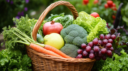 Fototapeta premium A wicker basket overflowing with fresh vegetables and fruits--broccoli, carrots, tomatoes, lettuce, grapes, apples, onions, and cabbage--arranged in a vibrant outdoor garden setting. 