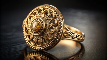 Photo image of golden ring with ornate round border featuring intricate engravings and delicate filigree details on a dark background.