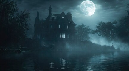 A spooky, enigmatic ambiance surrounded by a moonlit, ancient, haunted mansion by the river.