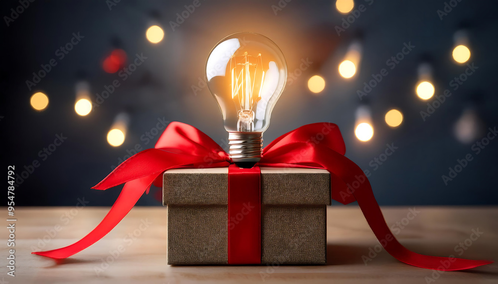 Poster light bulb on gift box with red ribbon- a light bulb is elegantly placed atop a gift box ad_1(225)