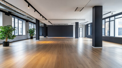 Obraz premium A large, modern empty room with sleek wooden flooring, bright windows, and minimalistic decor, perfect for events or creative projects.