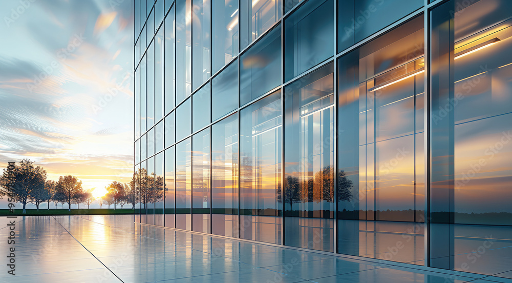 Poster a modern building with facade glazing. the building should feature large glass panels with aluminum 