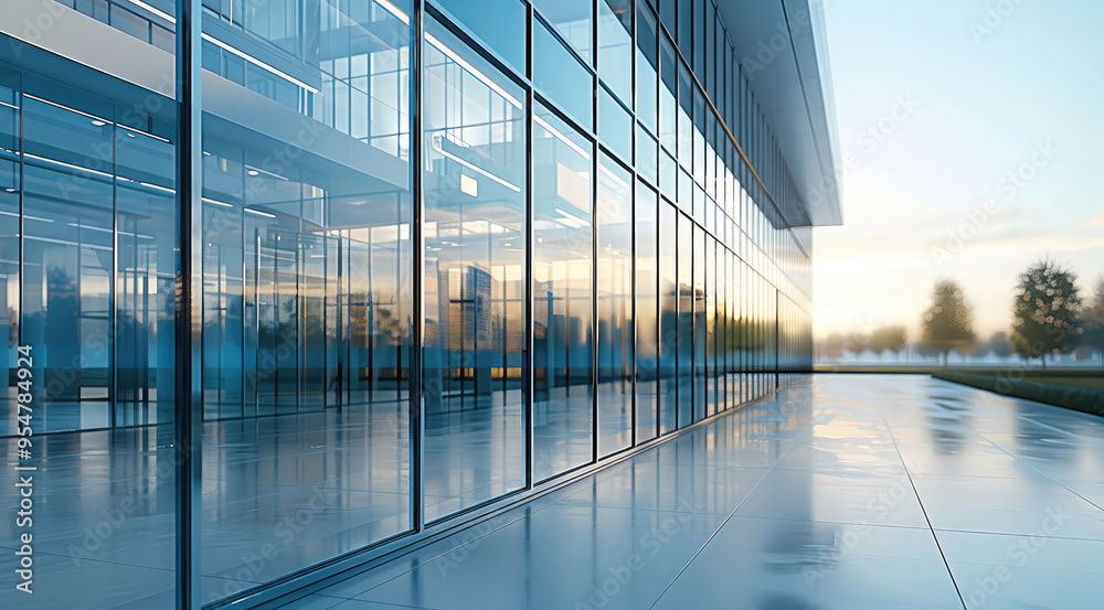 Aufkleber a modern building with facade glazing. the building should feature large glass panels with aluminum 