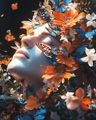 Naklejka premium Dreamy Woman with Floral and Butterfly Accents in Artistic Composition