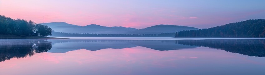 Fototapeta premium A wide lake panorama at dusk, with soft pastel colors in the sky, and the water reflecting the surrounding forest and distant mountains.