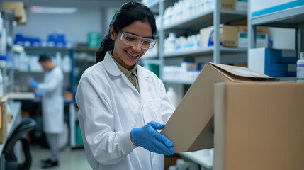 Pharmacist with a parcel in a warehouse. Concept of online shopping and orders delivery. Woman in lab coat holding a box with medical equipment in his hands.