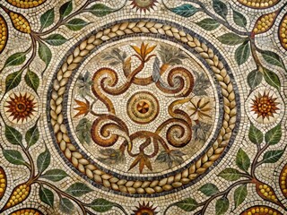 Obraz premium a photo image of an amalgamation of ancient Greek symbols, including the omphalos, horns of cornucopia, and the ouroboros, surrounded by vines and laurel leaves