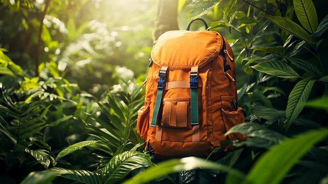 Exploring the vibrant jungle with a bright orange backpack on a sunny afternoon