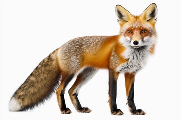 Fototapeta premium Alert red fox with bushy tail standing with ears perked on a white background.