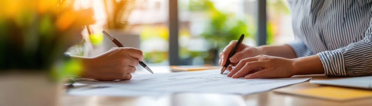 Hands reviewing an appraisal report with a mortgage agent, close-up of key details   Property assessment, loan processing
