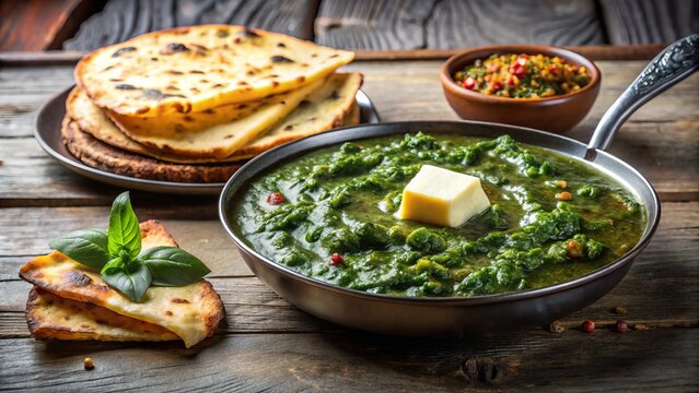a photo image of a steaming hot plate of sarson ka saag with makki di roti, served with a dollop of butter