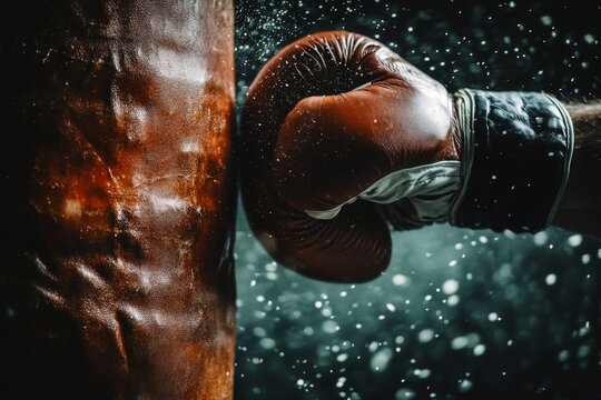 Close up of a boxers hand in a boxing glove hitting a punching bag.