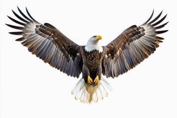 Fototapeta premium Regal bald eagle with wings slightly spread isolated against a white background.