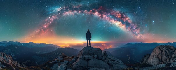 Silhouette of a traveler on mountain peak, under a starry night sky. Free copy space for banner.