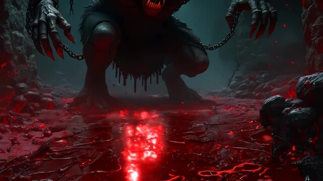 Monstrous entity emerges from blood-filled dungeon. Chained muscular body with glowing eyes and sharp teeth evokes terror. Atmosphere of dread permeates dimly lit, shadowy scene.	