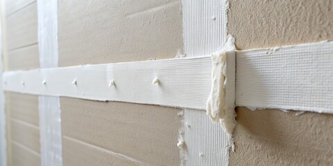 a photo image of textured drywall mud expertly applied around joints covered by paper tape with exposed edges, seen on either side of a white stud.