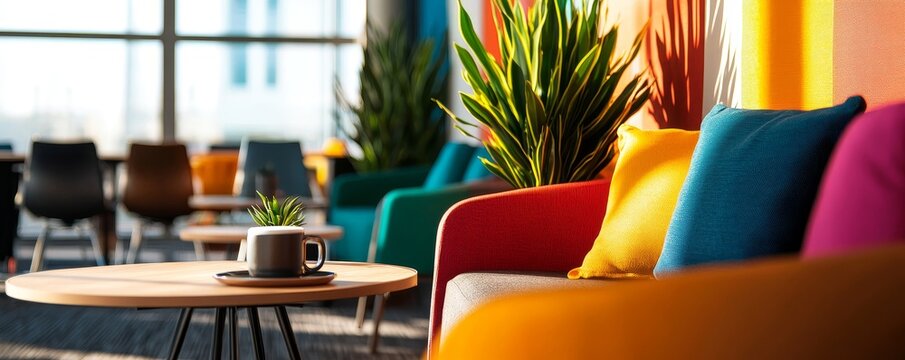 A vibrant photo of a business negotiation in a modern office lounge, with relaxed seating, coffee, and a collaborative atmosphere that fosters open communication