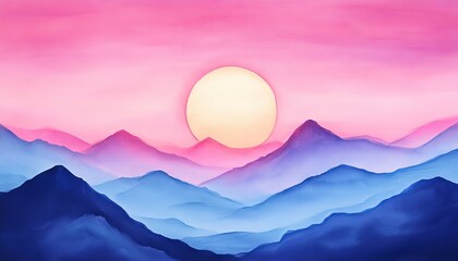Fototapeta premium Stunning digital art featuring a vibrant sunset over misty mountains, blending hues of pink, purple, and blue.