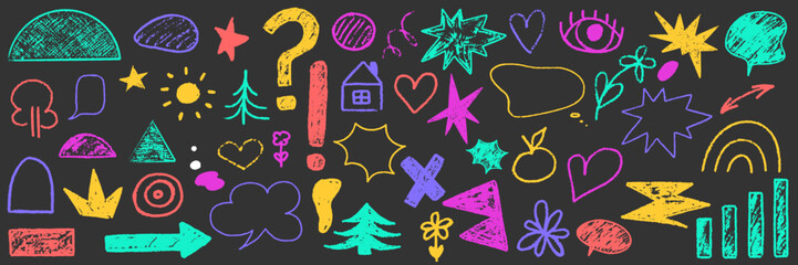 Hand drawn arrow, star, shape scribble crayon set. Squiggle, scratch doodle kid arrow, star set. Crayon scratch texture shape kid naive. Vector illustration