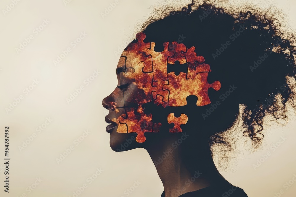 Poster brain plasticity brain health profile of a woman with puzzle pieces on her head symbolizing identity