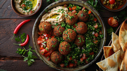 A flat lay of a Middle Eastern falafel plate with crispy falafel balls, hummus, tabbouleh, and pita bread, arranged on a large ceramic plate.