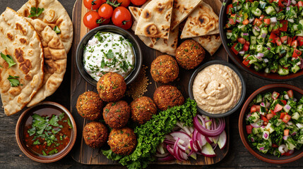 Fototapeta premium A flat lay of a Middle Eastern falafel platter with crispy falafel balls, hummus, pita bread, and a side of fresh tabbouleh salad, arranged on a wooden board.