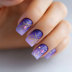 A hand with purple nails with gold stars and a tree design