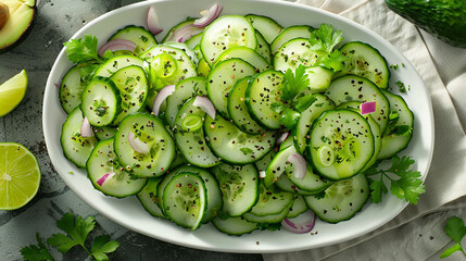 A flat lay of a refreshing cucumber and avocado salad with thinly sliced cucumbers, ripe avocado, red onions, and a lime vinaigrette, served on a white platter.