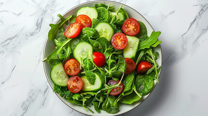 A flat lay of a simple mixed greens salad with arugula, spinach, cherry tomatoes, cucumber slices, and a light vinaigrette, arranged on a marble countertop.