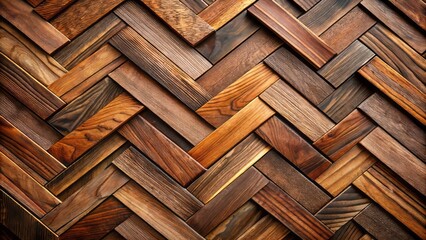 a photo image of rich brown wooden strips arranged in a herringbone pattern with varying widths on a weathered wooden background.