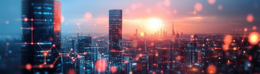 Fototapeta premium Real estate automation, smart technology integration, digital cityscape, innovative property management